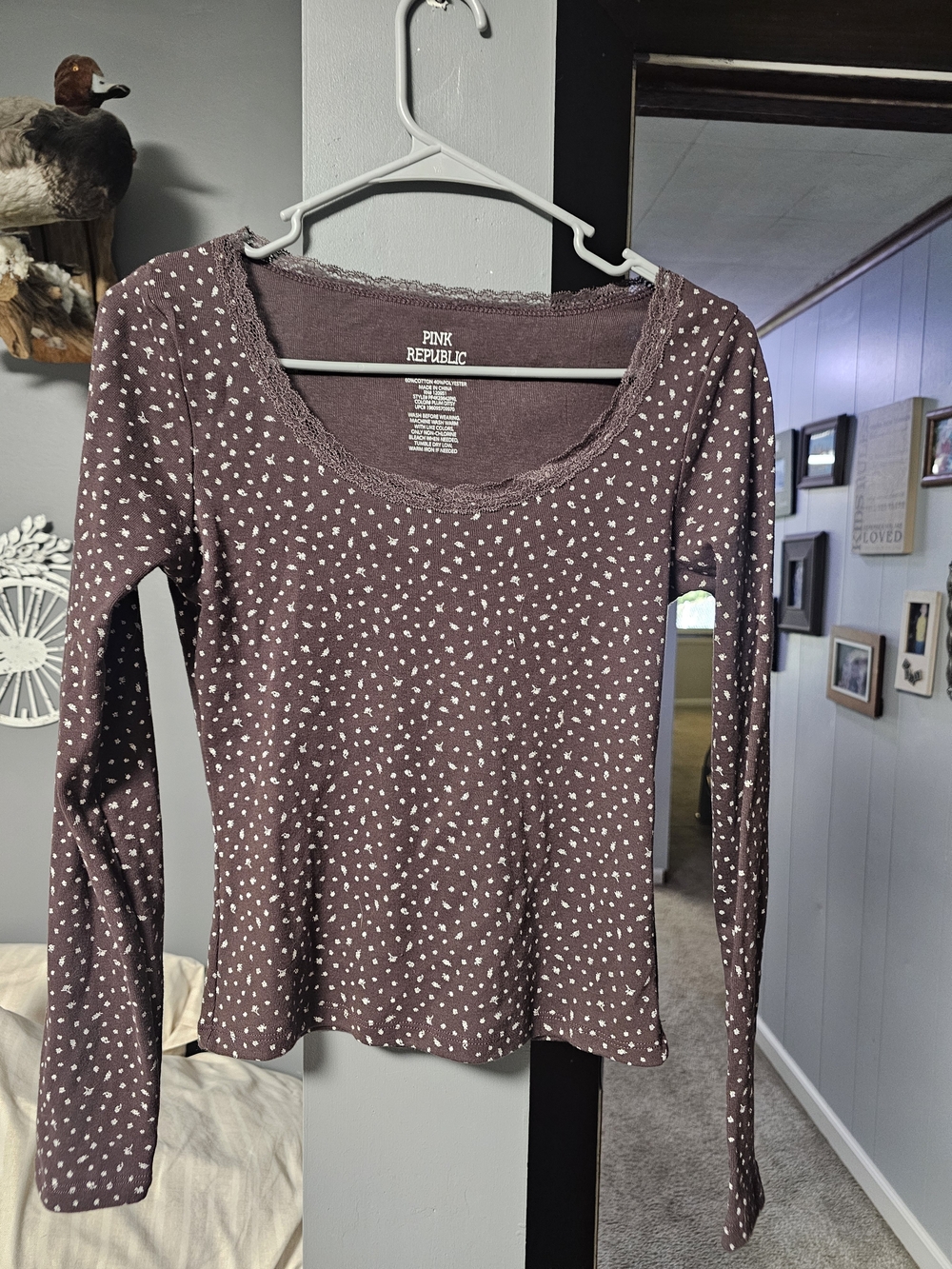 Pink Republic Mauve Long-Sleeve Scoop Neck Top with White Dot Print